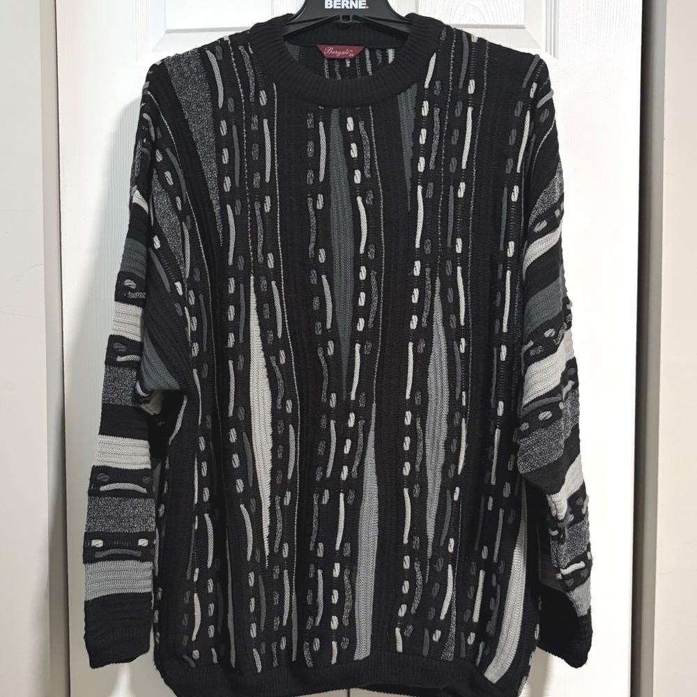 Bergati Mens 3XL 3D Knit Sweater Black Grey White Textured Coogi Style Pullover